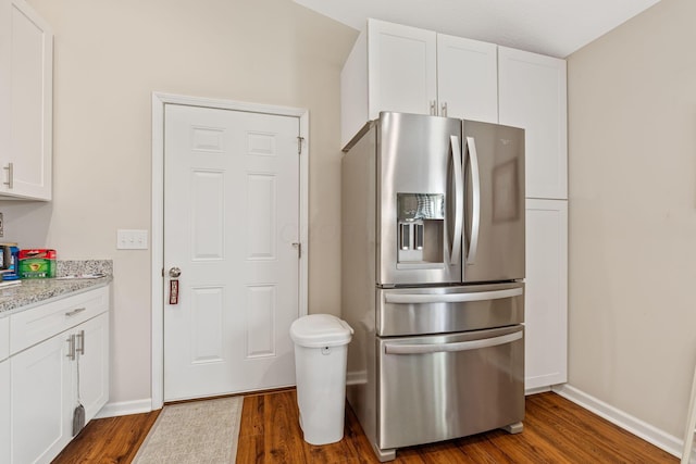 820 Timbers Edge, Marysville, OH 43040 - kitchen with white cabinets, baseboards, stainless steel refrigerator with ice dispenser, and dark wood-style flooring