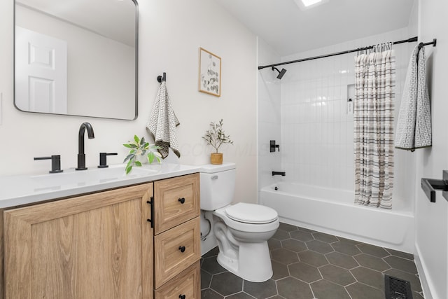 bathroom featuring shower / bath combo, visible vents, toilet, tile patterned flooring, and vanity