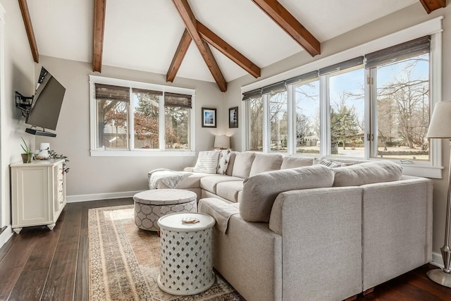 living area featuring lofted ceiling with beams, baseboards, and dark wood-type flooring