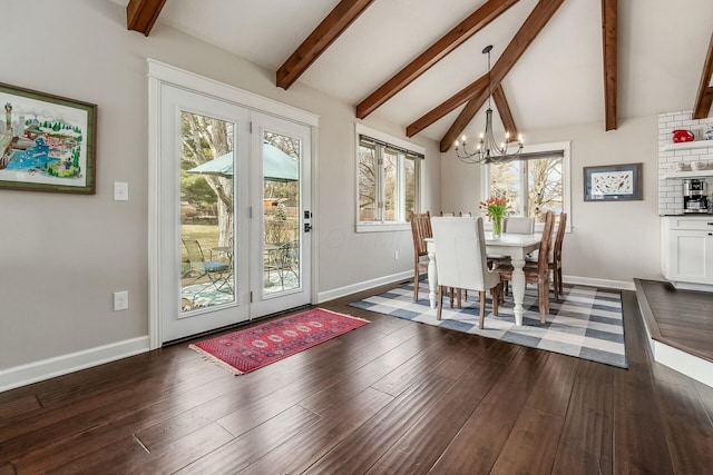 dining area featuring dark wood-style floors, baseboards, lofted ceiling with beams, and an inviting chandelier