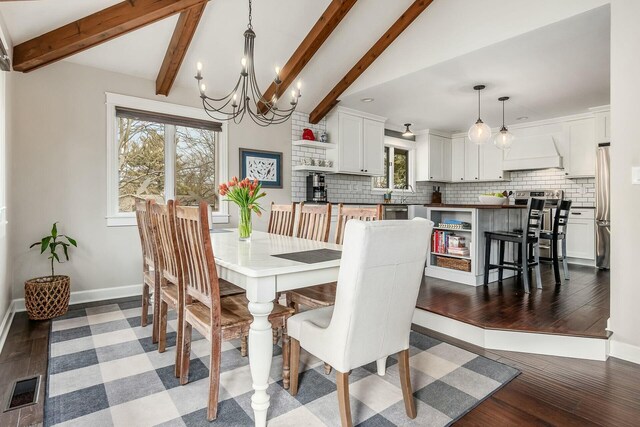 dining space with visible vents, lofted ceiling with beams, wood finished floors, baseboards, and a chandelier