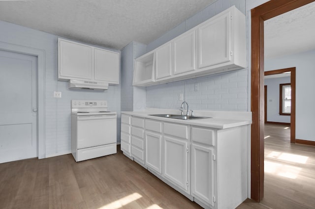 879 Mansfield Ave, Columbus, OH 43219 - kitchen with electric stove, dark wood-style flooring, light countertops, under cabinet range hood, and a sink