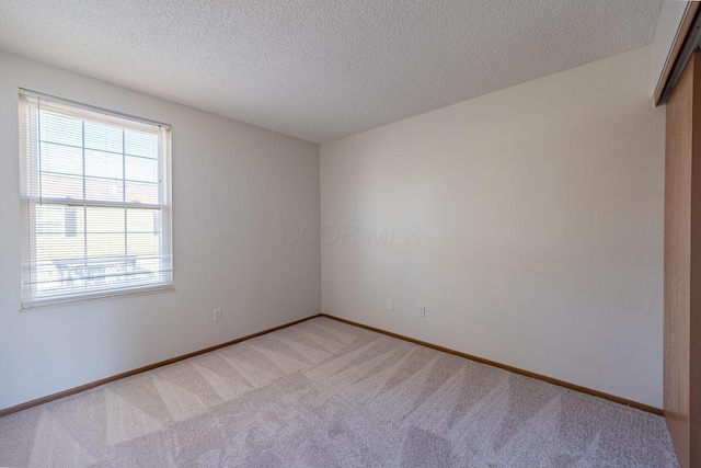 spare room with light colored carpet, a textured ceiling, and baseboards