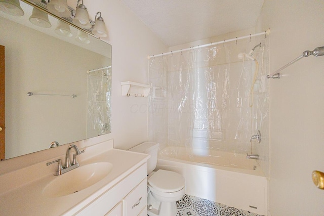 bathroom featuring vanity, toilet, and shower / bathtub combination with curtain