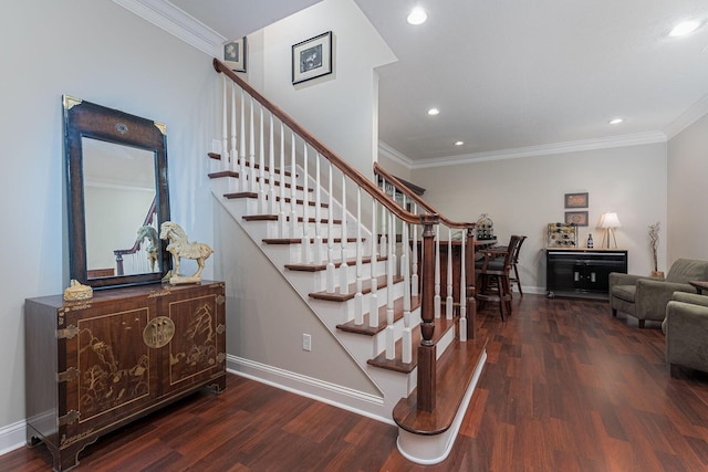 stairway with recessed lighting, crown molding, baseboards, and wood finished floors