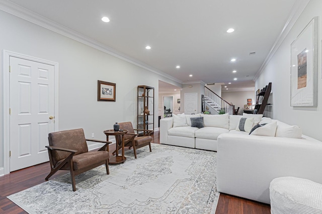 living area with dark wood-style floors, recessed lighting, and stairway