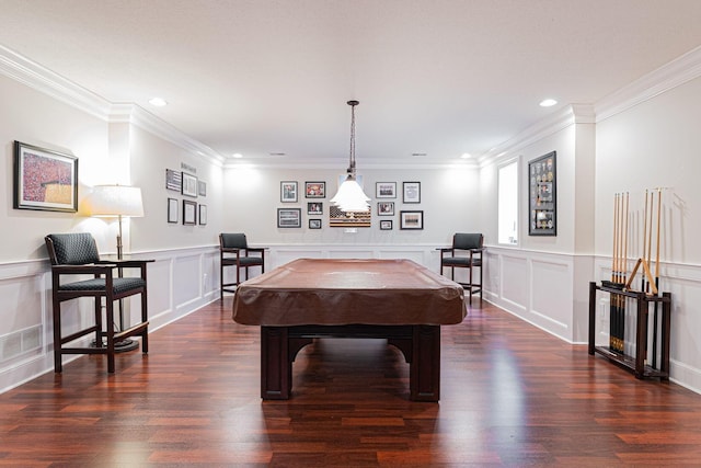 game room with billiards, a decorative wall, dark wood finished floors, and recessed lighting