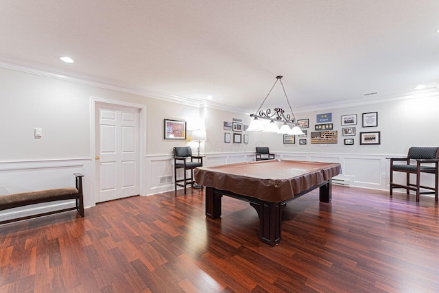 game room featuring wood finished floors, pool table, crown molding, a decorative wall, and recessed lighting