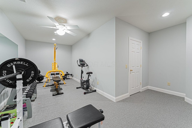 exercise area featuring a ceiling fan, recessed lighting, carpet floors, and baseboards