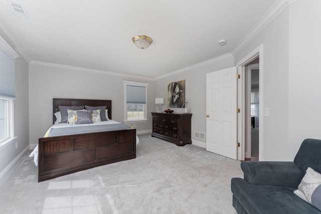 bedroom featuring ornamental molding, carpet flooring, visible vents, and baseboards