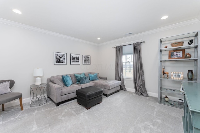 living room with light carpet, ornamental molding, visible vents, and baseboards