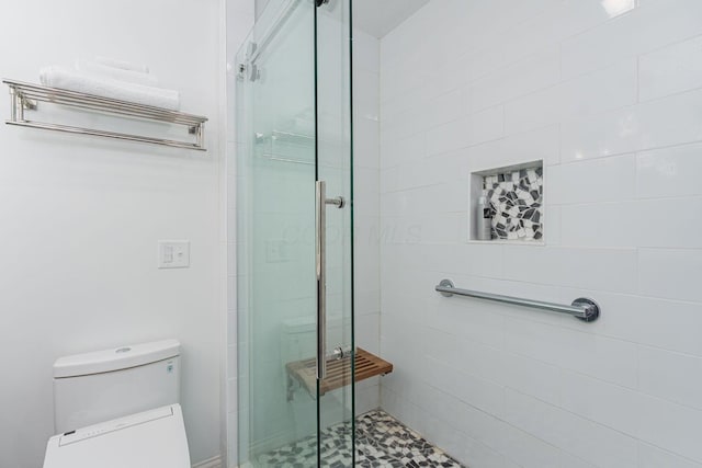 bathroom with a stall shower and toilet