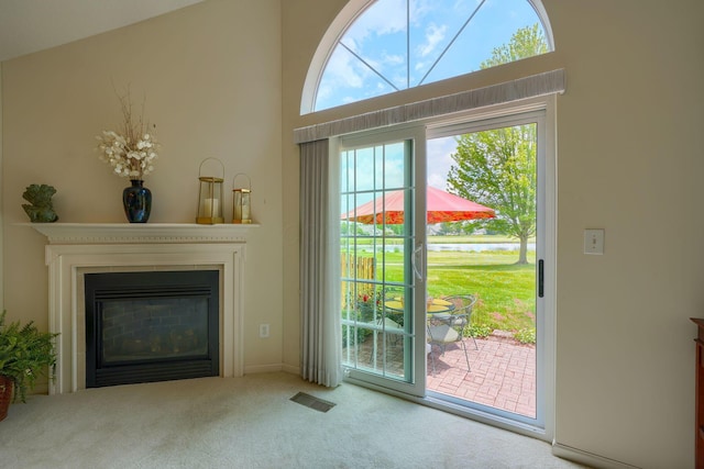 6922 Greensview Village Dr, Canal Winchester, OH 43110 - doorway with a water view, carpet, and a glass covered fireplace