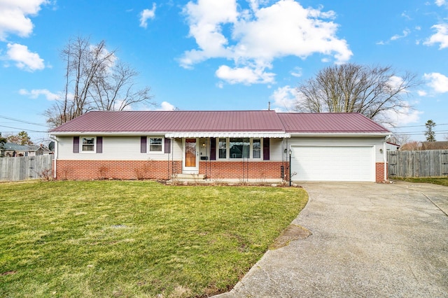 single story home with metal roof, brick siding, a front lawn, and fence