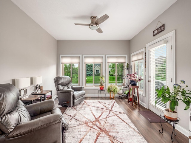 7969 Linksview Cir, Westerville, OH 43082 - living room featuring a ceiling fan and wood finished floors