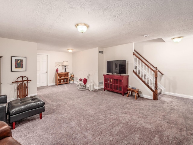 7969 Linksview Cir, Westerville, OH 43082 - living area featuring stairway, carpet, and a textured ceiling