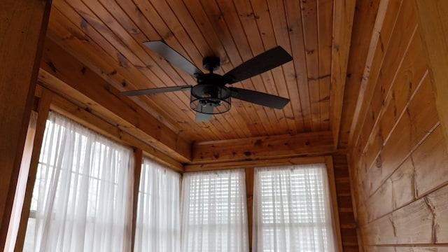 interior details featuring wood ceiling and a ceiling fan