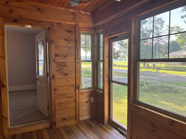 324 E Main St, Cardington, OH 43315 - doorway featuring wooden walls, wood ceiling, wood finished floors, and plenty of natural light