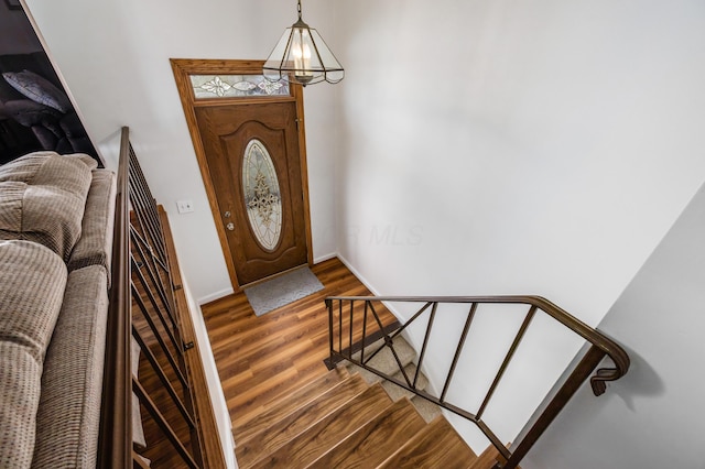 foyer with baseboards and wood finished floors