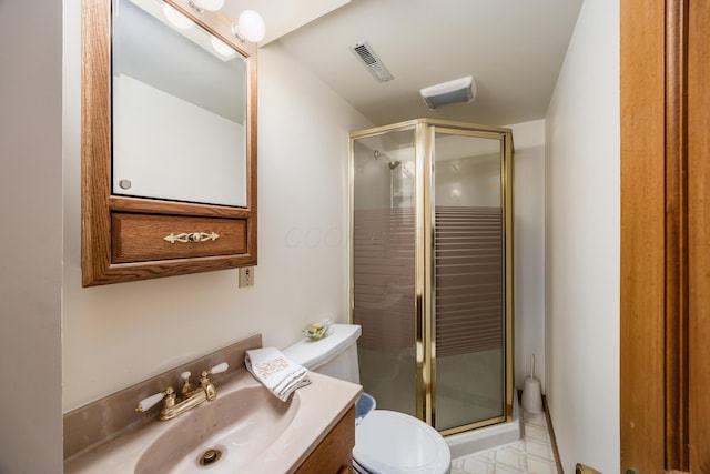 full bathroom with visible vents, vanity, a shower stall, and toilet