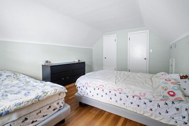 bedroom featuring vaulted ceiling and wood finished floors