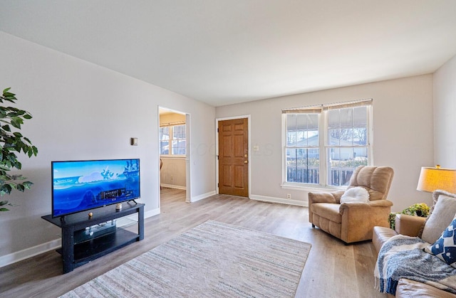 living room with baseboards and wood finished floors