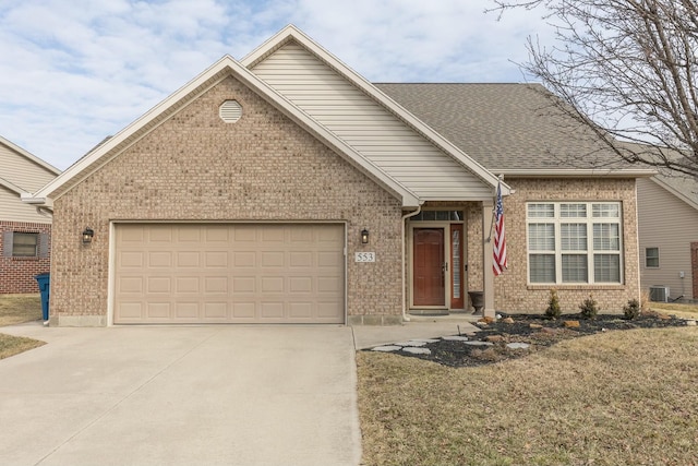 view of front facade featuring brick siding, a shingled roof, concrete driveway, central AC unit, and a garage