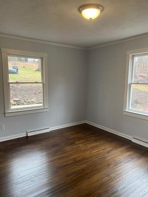 unfurnished room with dark wood-style floors, a baseboard heating unit, ornamental molding, and baseboards