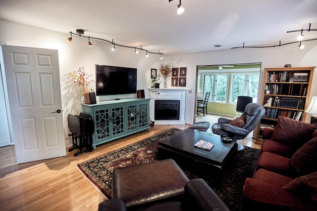 living area with rail lighting, a fireplace, and wood finished floors