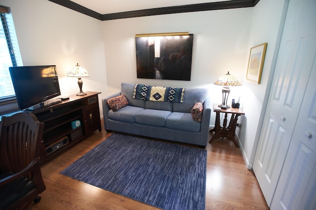 living area featuring ornamental molding, wood finished floors, and baseboards