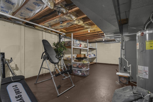 1846 River Rd, Bucyrus, OH 44820 - unfinished below grade area featuring concrete block wall, electric water heater, and heating unit