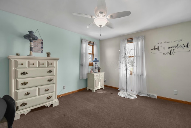 1846 River Rd, Bucyrus, OH 44820 - interior space with baseboards, dark colored carpet, and a ceiling fan