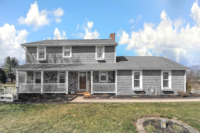 1846 River Rd, Bucyrus, OH 44820 - view of front of home with a shingled roof, a chimney, a porch, and a front yard