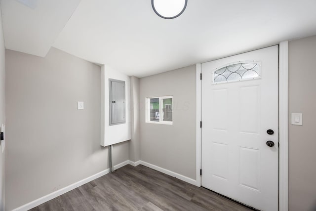 entrance foyer featuring electric panel, baseboards, and wood finished floors