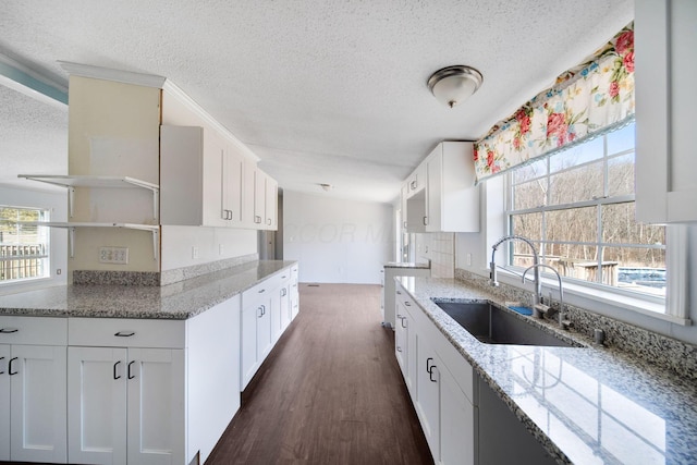 kitchen with white cabinets, light stone countertops, open shelves, and a sink