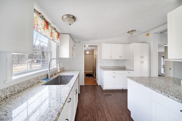 kitchen featuring dark wood-type flooring, a sink, white cabinetry, vaulted ceiling, and light stone countertops