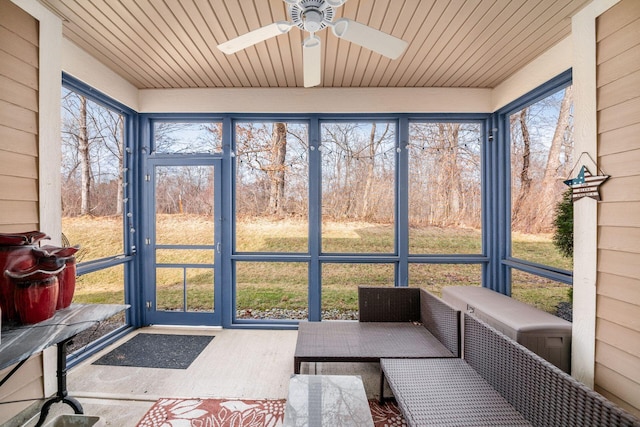 sunroom / solarium featuring ceiling fan and wood ceiling