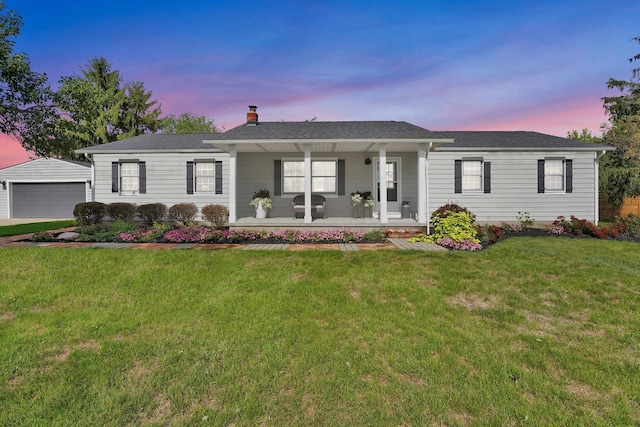 single story home featuring covered porch, a garage, an outdoor structure, a chimney, and a front yard