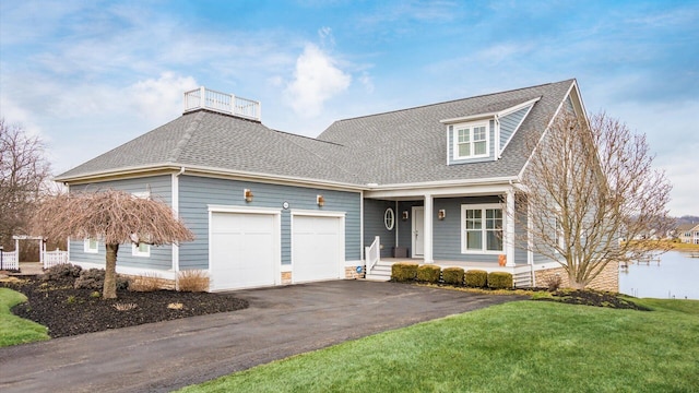 view of front of property with aphalt driveway, a shingled roof, a porch, an attached garage, and a front yard