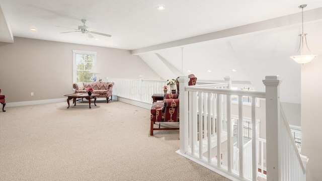 sitting room with vaulted ceiling with beams, recessed lighting, carpet flooring, ceiling fan, and baseboards