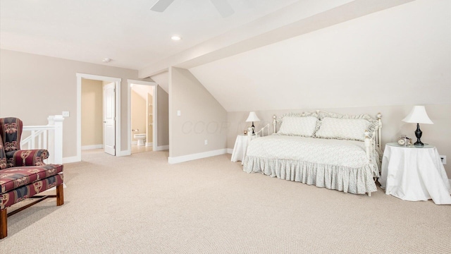 bedroom with ceiling fan, lofted ceiling with beams, recessed lighting, light carpet, and baseboards