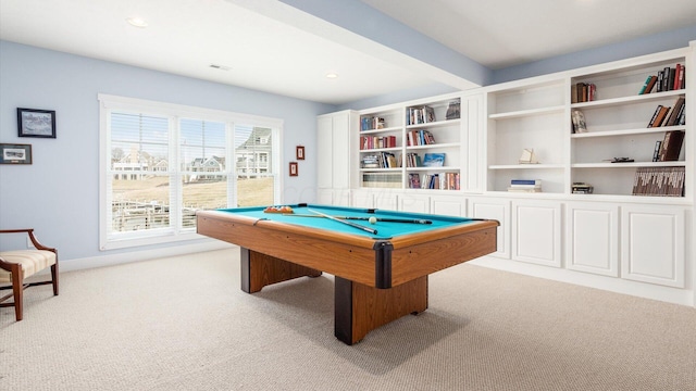 playroom with carpet floors, billiards, beam ceiling, and recessed lighting