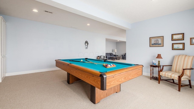 playroom with light colored carpet, visible vents, billiards, and baseboards