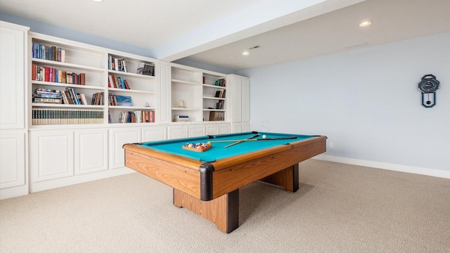 recreation room with light carpet, baseboards, beamed ceiling, pool table, and recessed lighting