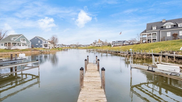 dock area with a residential view and a water view