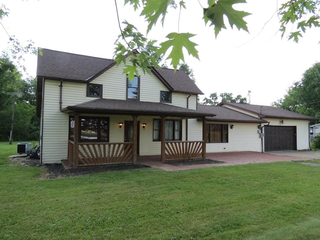 view of front of property with a garage, driveway, central AC unit, a porch, and a front lawn