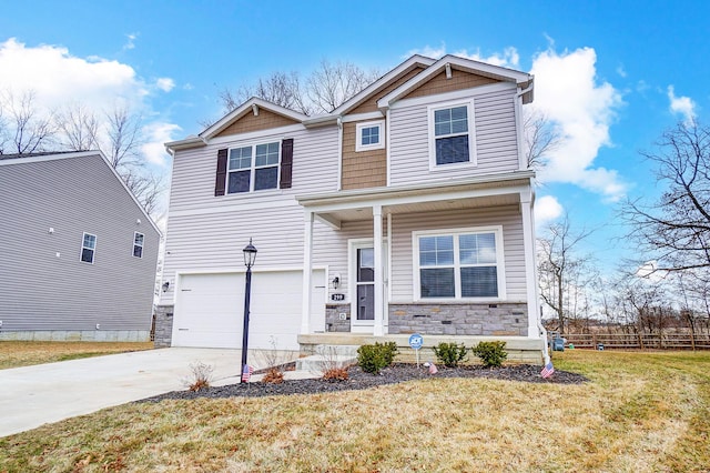 view of front facade featuring an attached garage, stone siding, concrete driveway, and fence