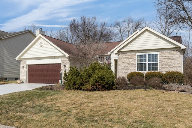 ranch-style home featuring driveway, stone siding, a chimney, an attached garage, and a front lawn