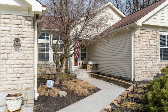 doorway to property with stone siding and roof with shingles