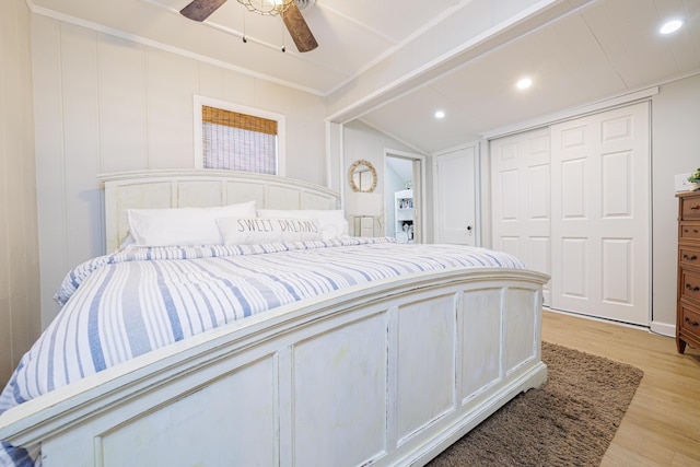 127 Brads Way, Russells Point, OH 43348 - bedroom featuring a ceiling fan, light wood-style floors, a decorative wall, a closet, and recessed lighting